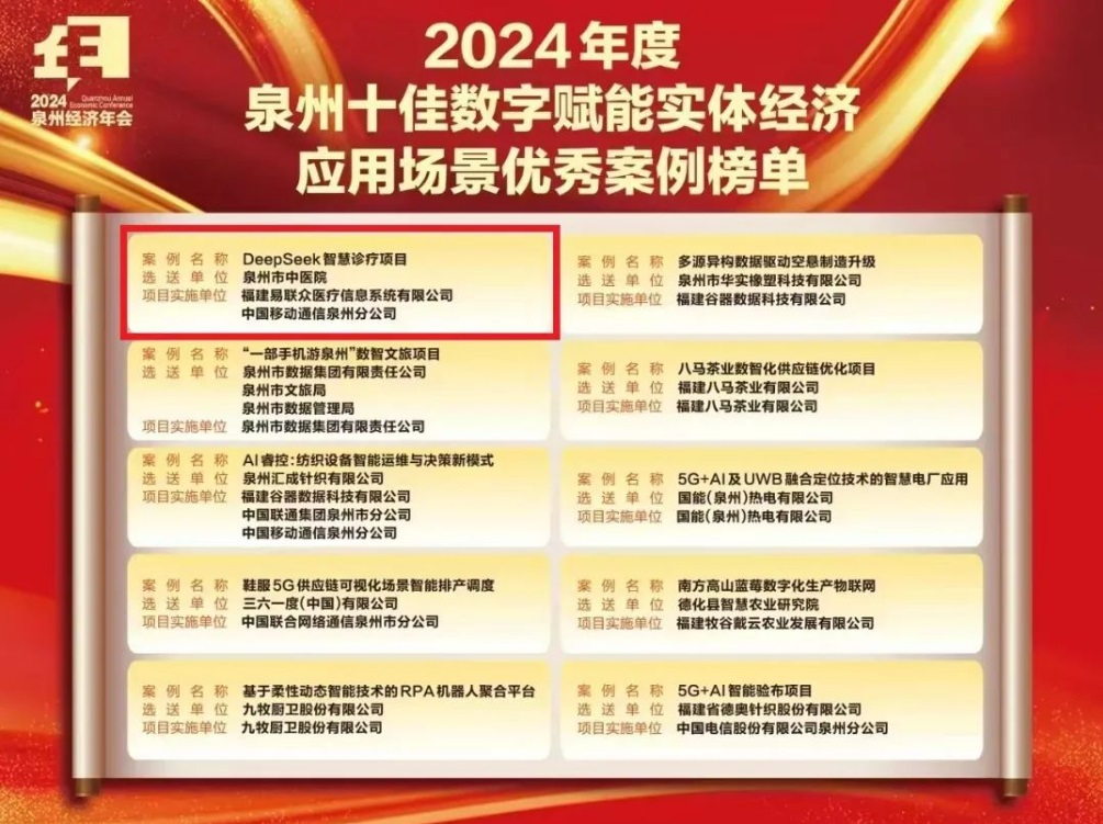 易联众医信助力泉州市中医院DeepSeek项目入选泉州十佳数字赋能案例